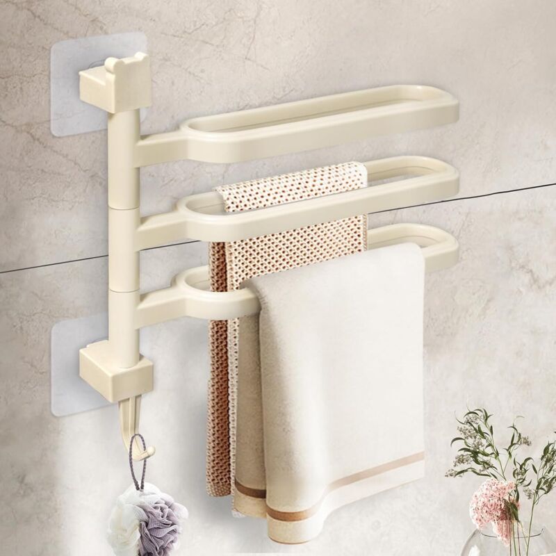 Porte-serviettes pivotant, porte-serviettes autocollant en ABS avec crochets pour salle de bain cuisine, trois bras beige
