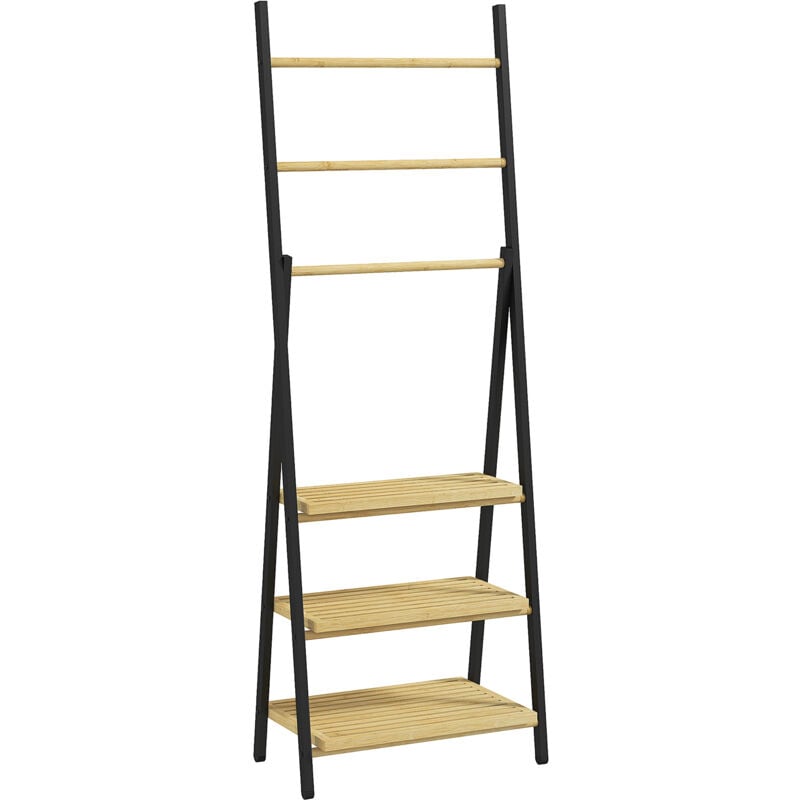 Porte-serviettes pliable 3 barres de suspension et 3 étagères en bambou pour salle de bains, structure métal noir