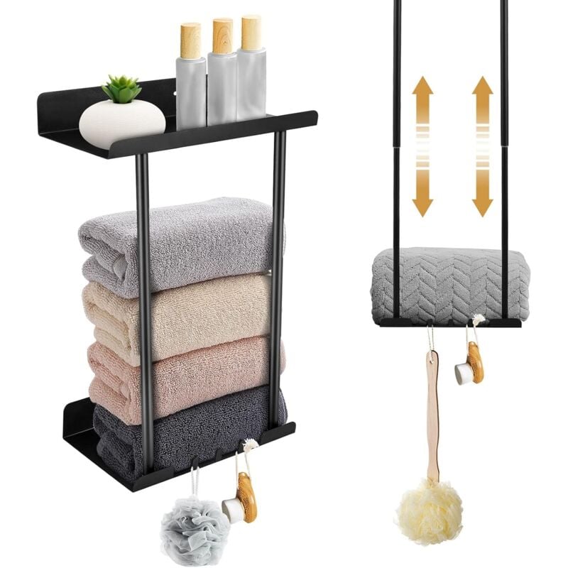 Treetalk - Porte-serviettes réglable en hauteur avec étagère et crochet, 38-75 cm, sans perçage, noir