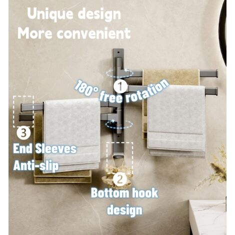 Porte-serviettes rotatif à fixer sur perceuse, porte-serviettes d'angle mural pliable à plusieurs barres, étagère de rangement de salle de bain en aluminium (gris).