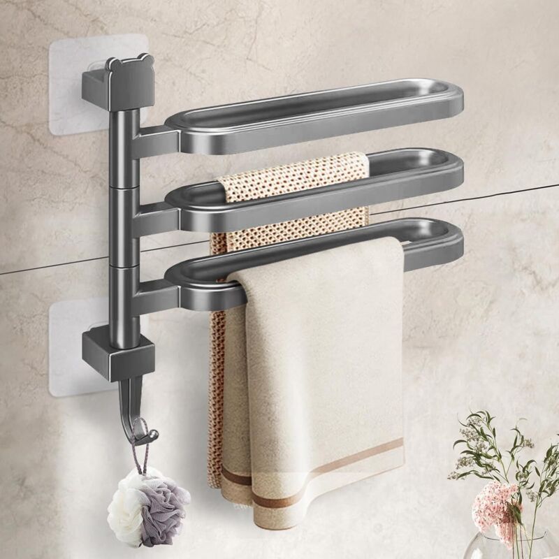 Porte-serviettes rotatif, porte-serviettes autocollant ABS avec crochets pour salle de bain cuisine, trois bras gris