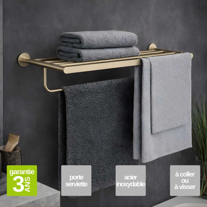 Porte serviettes salle de bain 60cm- acier inoxydable S.304 or brossé - Fixation Collée ou Vissée