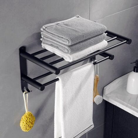 Porte-Serviettes Salle de Bain, Noir Porte Serviettes avec Étagère pour Serviettes de Bain, Double Porte Serviettes avec Crochet de Serviette, Acier Inoxydable SUS304