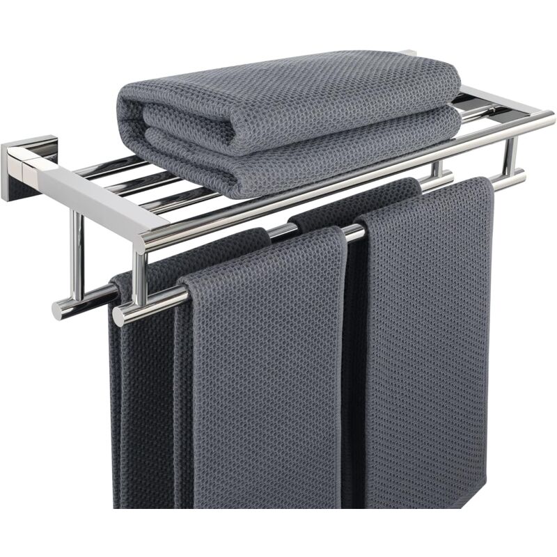 Ineasicer - Porte-Serviettes Salle de Bain Porte-Serviettes Mural Double Barres Porte-Serviettes avec Étagère, 60 cm Finition Polie en Acier inox sus