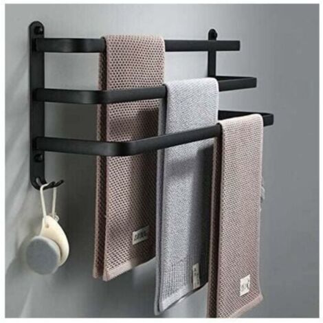 Porte Serviettes Salle de Bains, Barres Porte Serviettes Mural Noir Adhesif pour Douche et Cuisine, tanche Barres Porte avec Crochet (Noir, 60cm)