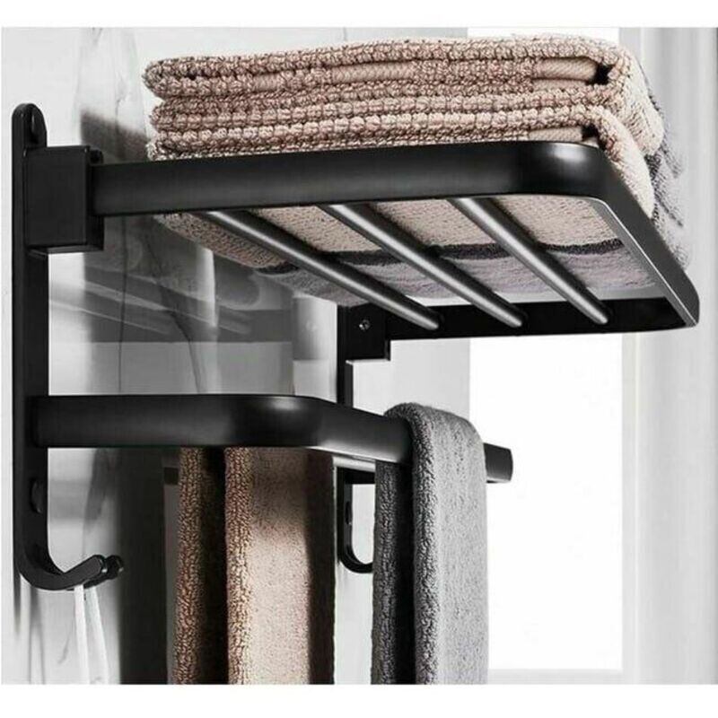 Porte Serviettes Salle de Bains, Étagère de Rangement Pliable Montée , Espace aluminium, Porte Serviette Salle de Bain Mural (40cm，Noir)