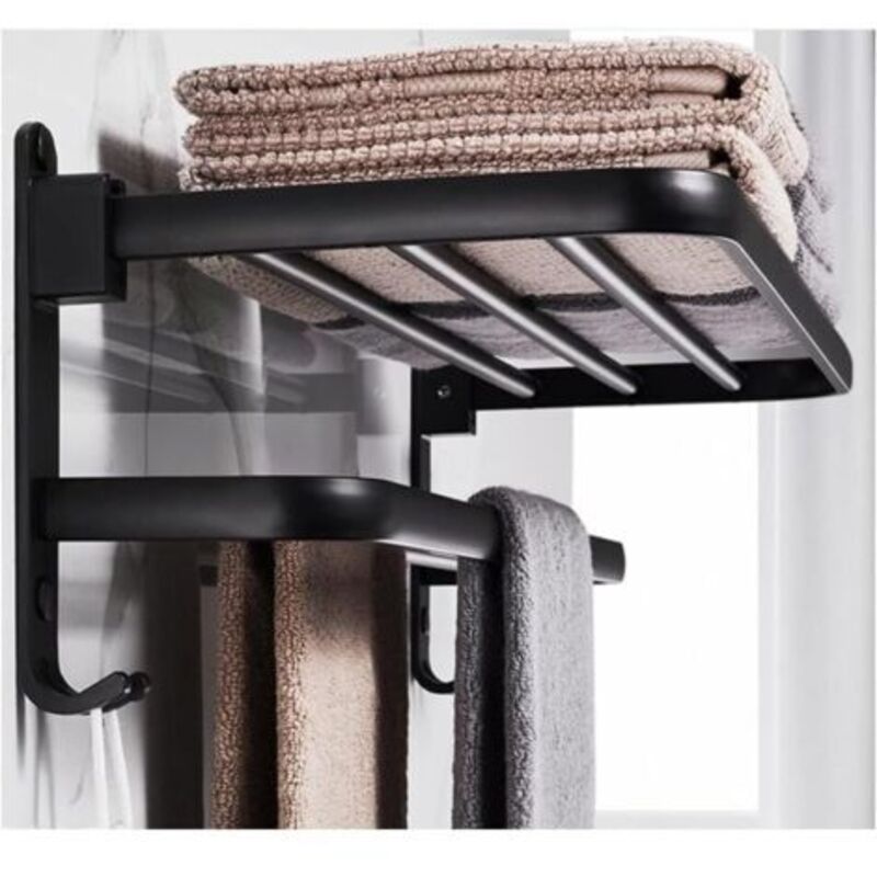 Serbia - Porte Serviettes Salle de Bains, Étagère de Rangement Pliable Montée ​, Espace aluminium, Porte Serviette Salle de Bain Mural (50cm,Noir)