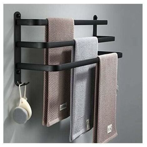 Porte Serviettes Salle de Bains Noir - Barres Porte Serviettes Adhesif Mural - Étanche avec Crochet(50cm, Three Bars)