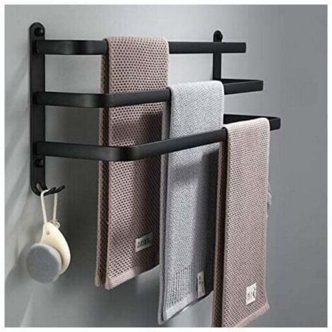 Porte Serviettes Salle de Bains Noir - Barres Porte Serviettes Adhesif Mural - Étanche avec Crochet(50cm, Three Bars)