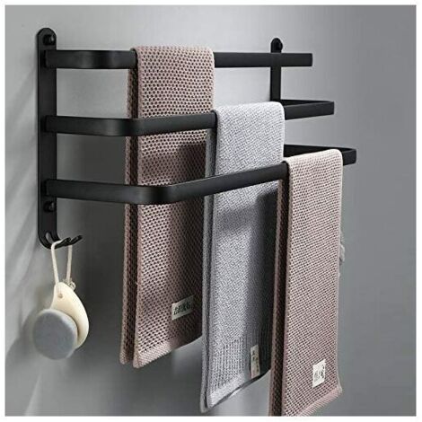 Porte Serviettes Salle de Bains, Noir Barres Porte Serviettes Mural Adhesif pour Douche et Cuisine, Étanche Barres Porte avec Crochet (40cm, Three Bars), Ensoleillé