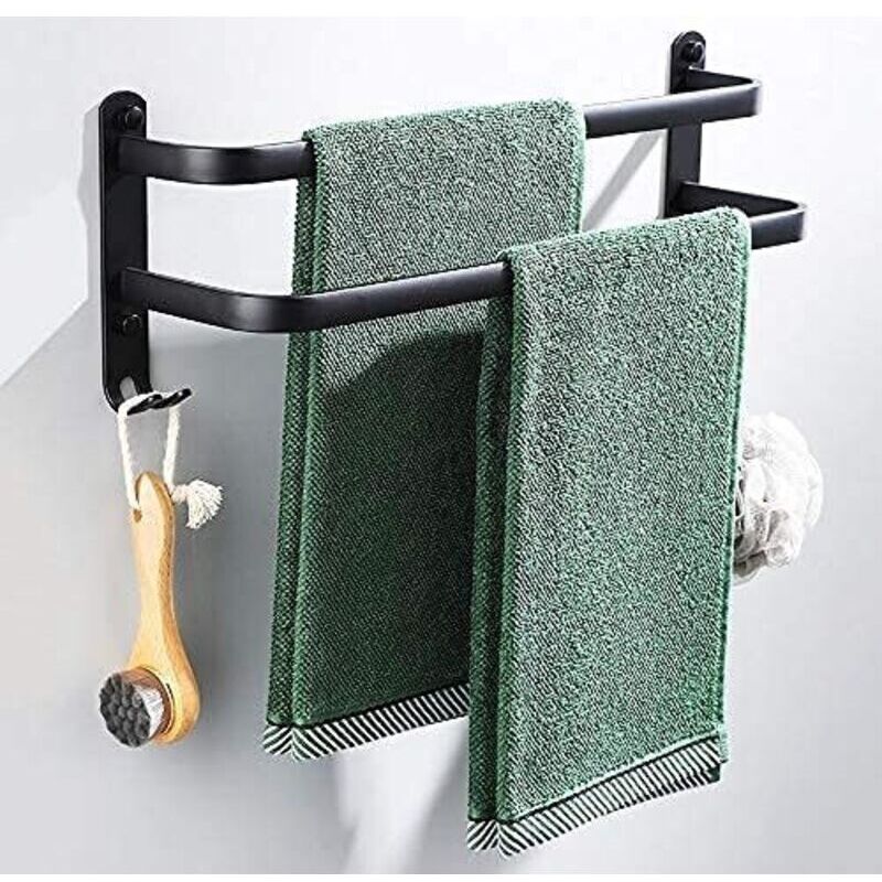 Porte Serviettes Salle de Bains, Noir Barres Porte Serviettes Mural Adhesif pour Douche et Cuisine, Étanche Barres Porte avec Crochet (Deux tiges