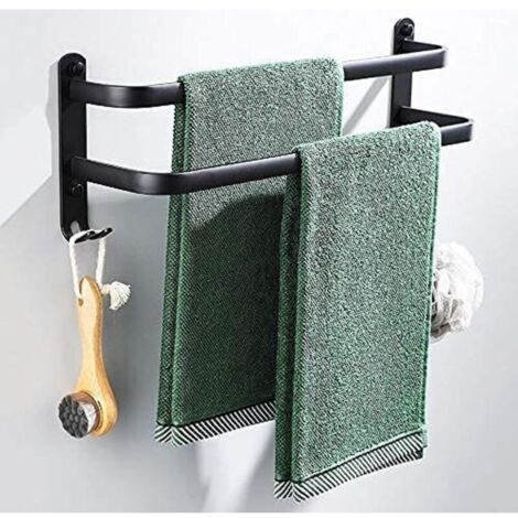 Porte Serviettes Salle de Bains, Noir Barres Porte Serviettes Mural Adhesif pour Douche et Cuisine, Étanche Barres Porte avec Crochet (Deux tiges 50cm)