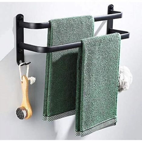 Porte Serviettes Salle de Bains, Noir Barres Porte Serviettes Mural Adhesif pour Douche et Cuisine, Étanche Barres Porte avec Crochet (Deux tiges 50cm)