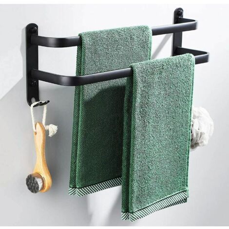 Porte Serviettes Salle de Bains, Noir Barres Porte Serviettes Mural Adhesif pour Douche et Cuisine, Étanche Barres Porte avec Crochet Double Bars 40cm