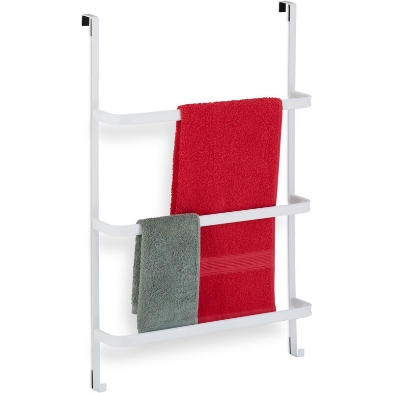 Relaxdays - Porte-serviettes, sans perçage, 3 barres 2 crochets, HxLxP : 85x54,5x15 cm, sèche-serviettes, acier, blanc