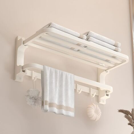 Porte-Serviettes sans perçage - Blanc - Porte Serviettes de Salle de Bain - Montage Mural - avec 5 Crochets pour Serviettes de Bain