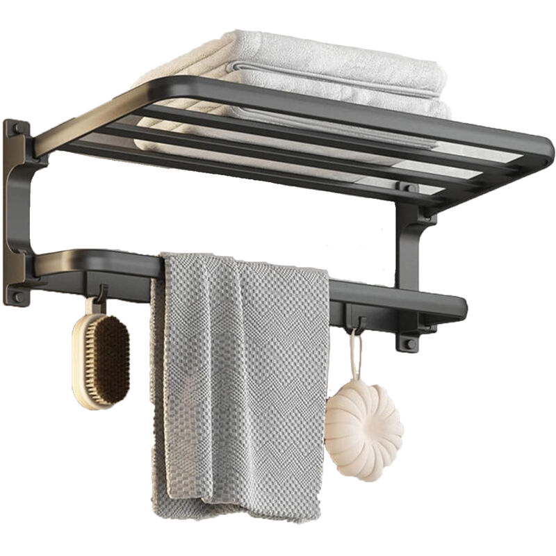 Porte-Serviettes sans perçage - Noir - Porte Serviettes de Salle de Bain - Montage Mural - avec 5 Crochets pour Serviettes de Bain, 58cm