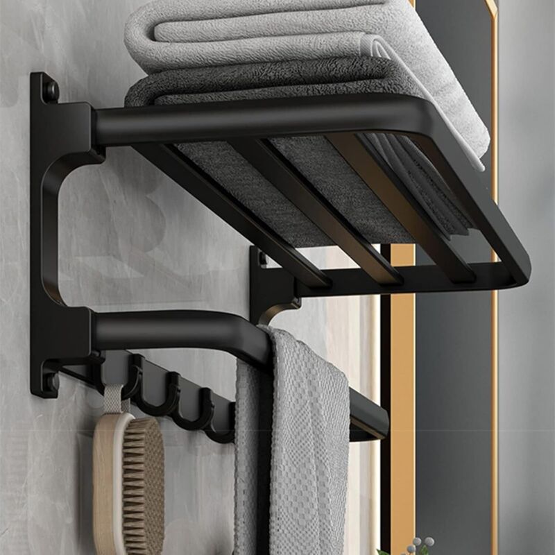 Porte Serviettes sans Perçage Noir, Support Mural Salle de Bain avec 5 Crochets, Montage Facile et Gain de Place (58 cm)