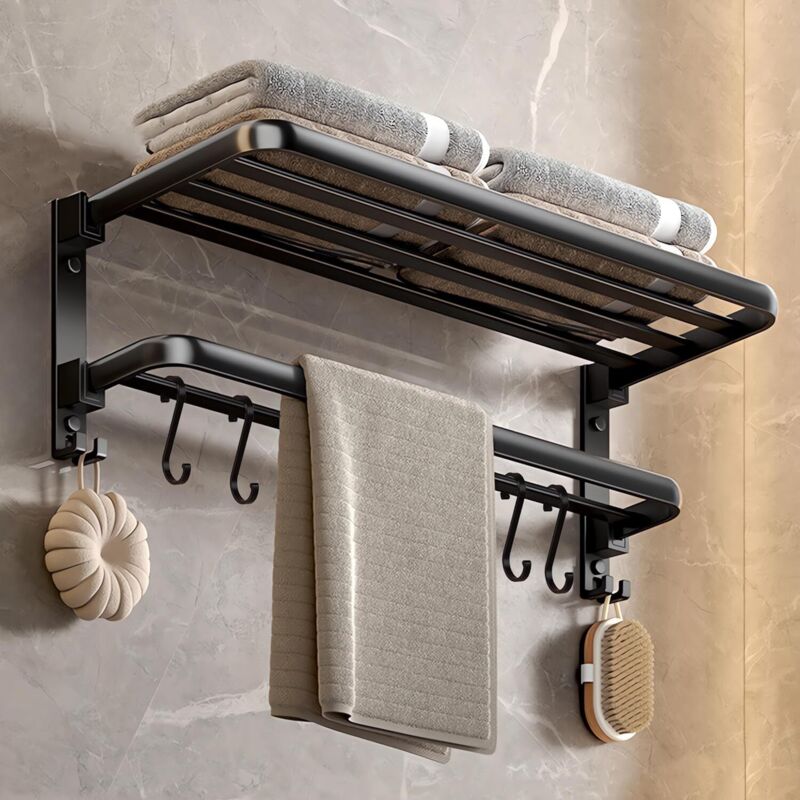 Rapanda - Porte-Serviettes sans perçage,Barre de Serviettes de Douche Mural,Double Support de Serviettes Pliable à 90°,Longueur en40cm,Noir