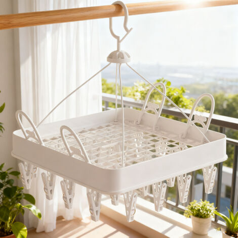 Porte-Serviettes Séchoir Multifonction à Clip Blanc - 33x33x33cm, 24 Clips, Pliable