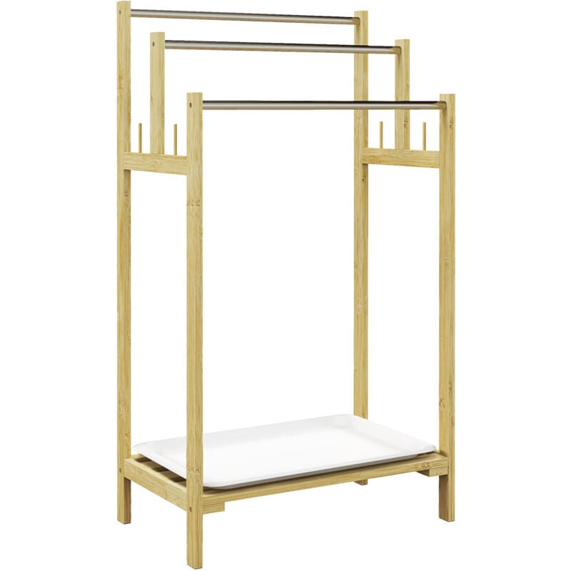 Porte-serviettes style cosy naturel - 3 barres, étagère, plateau, 4 crochets acier inox. bambou verni