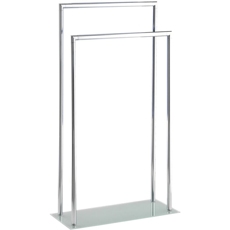 Wenko - Porte serviettes salle de bain sur pied Style, 2 barres porte serviette, Acier inox et base en verre trempé mat, 46x82x20 cm, brillant