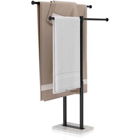 Porte-Serviettes sur Pied à 2 Niveaux avec Base en Marbre Lourd - Support Autoportant Antirouille en Acier Carbone - Idéal Petits Espaces (25x18x85.5 cm)