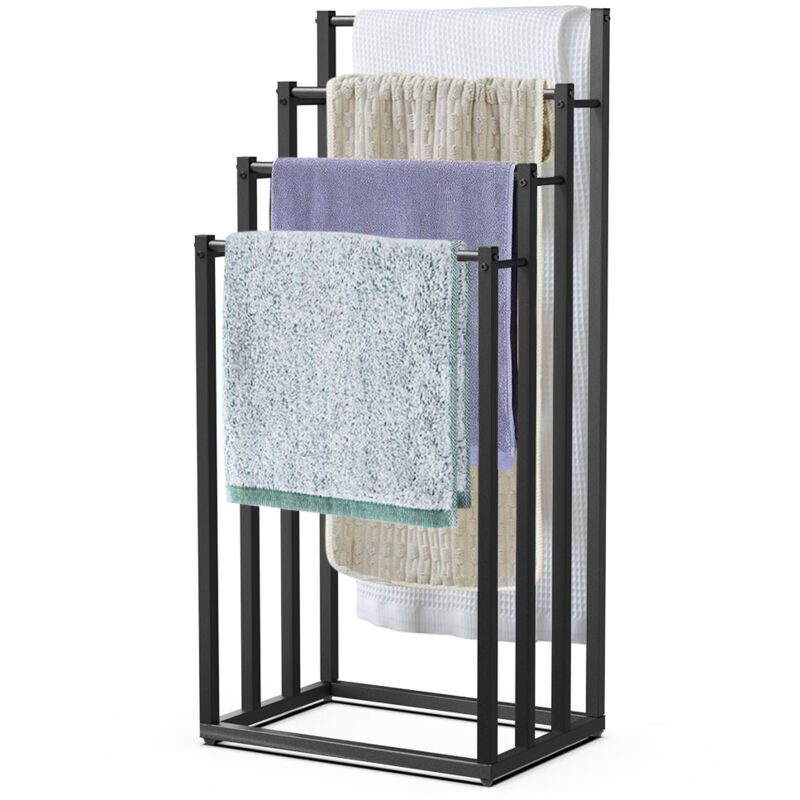 Vounot – Porte-serviettes sur pied autoportant 4 niveaux noir – Métal antirouille – Design vertical pour optimisation d'espace – Montage sans perçage
