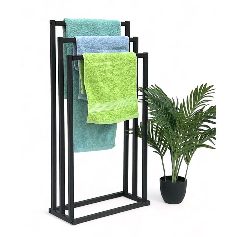DanDiBo Porte-serviettes Debout Noir Métal Mat 96498 Porte-serviettes avec 3 barres porte-serviettes Salle de bains Meubles de salle de bains Moderne