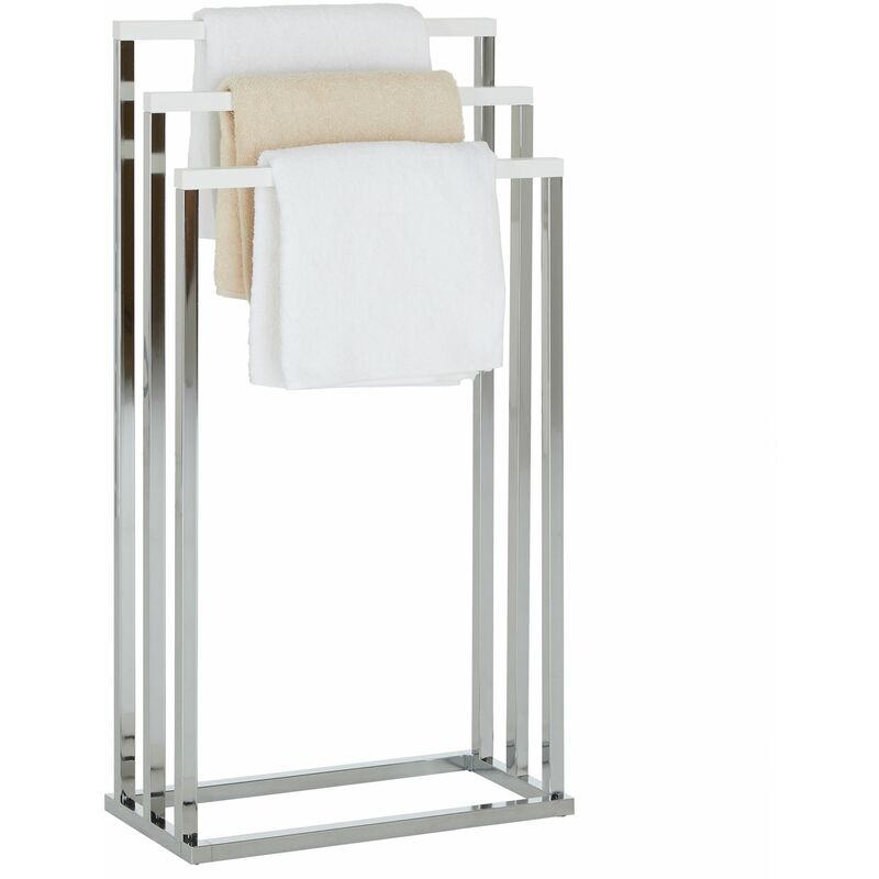 Porte-serviettes sur pied EDOARDO portant pour linge de bain ou vêtements avec 3 tringles, en métal chromé et bois blanc - Chromé/Blanc