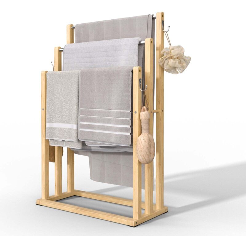 Porte serviettes sur pied en bambou 3 niveaux
