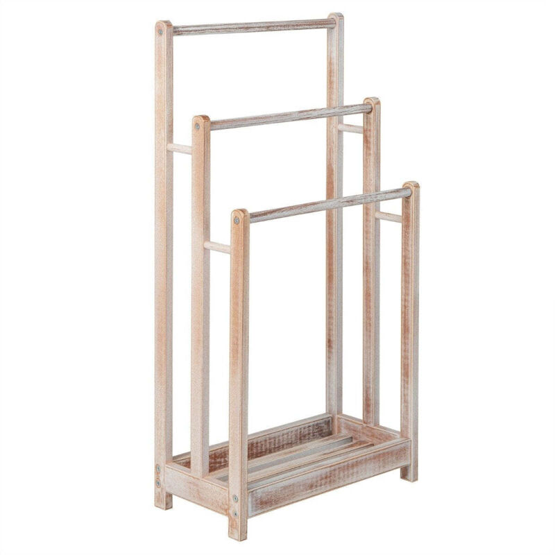Porte serviettes sur pied en bois avec 3 barres et etagere