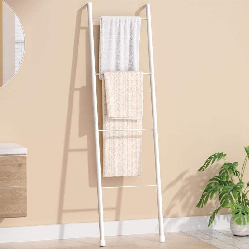 Porte-Serviettes sur Pied en métal Blanc - échelle Porte-Serviettes décorative pour Salle de Bain, Salon, Cuisine, Support pour Serviettes,