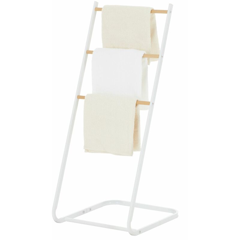 Porte-serviettes sur pied flavia échelle à 3 portants pour linge de salle de bain, structure en métal blanc et imprimé bois - Blanc/Naturel