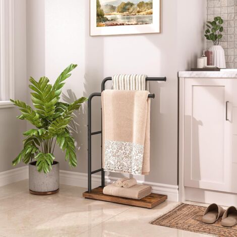 Porte-Serviettes sur Pied, Porte Serviettes à 2 Barres, Porte-Serviettes de Bain, Support Salle de Bain, 40 x 24 x 80,5 cm, Marron Rustique et Noir,HOOBRO,EBF24LB01G1