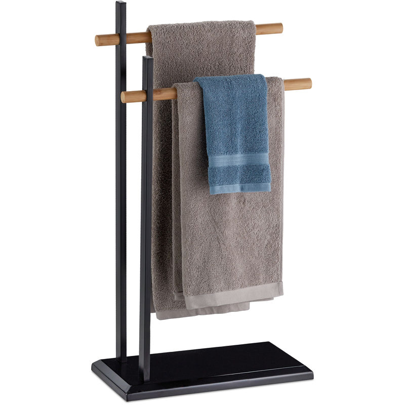 Porte-serviettes sur pied, Support pour serviettes de bain 2 barres, bambou, métal, 85,5x45x22,5 cm, noir - Relaxdays