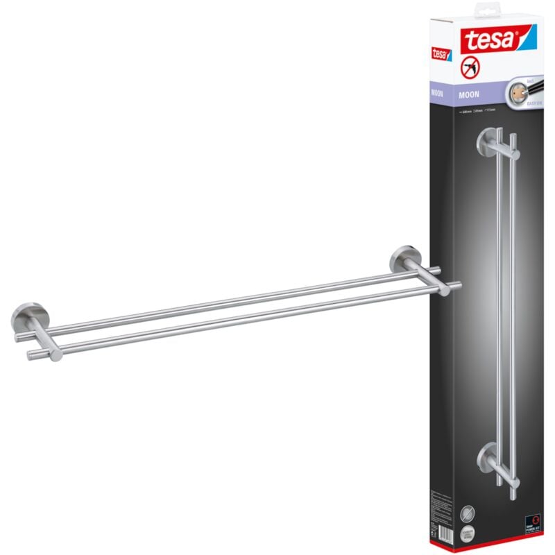 Tesa - Moon porte serviette double, acier inoxydable, adhésif, 49mm x 640mm x 115mm