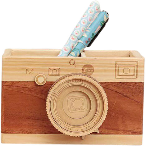 Porte-stylo Double Compartiment - Boîte de Rangement Bois Vintage - Modèle Caméra Créatif - Ornement Bureau Cadeau (Naturel, L 21cm)
