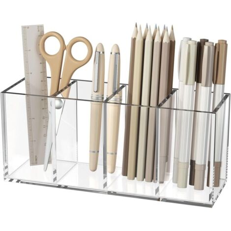 Porte-stylo en acrylique transparent 4 compartiments – Rangement organisé pour stylos et accessoires de bureau – Bords polis pour un décor moderne