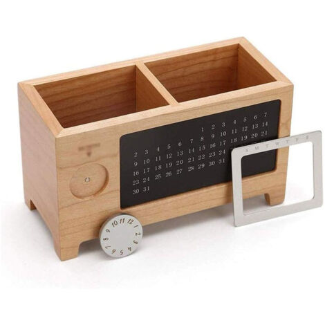 Porte-stylo en bois massif avec calendrier, rangement multifonction pour bureau ou maquillage