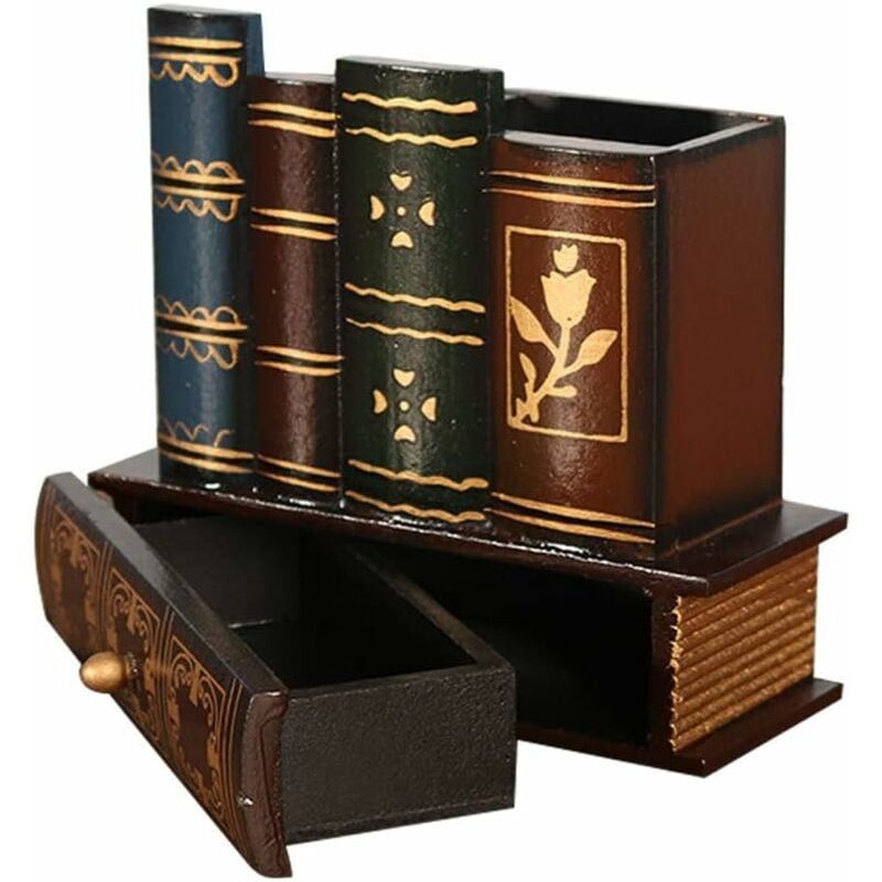 Porte- Stylo en Bois Vintage Rétro Stylo Tasse avec Tiroir Crayon Organisateur Stand Pot en Maquillage Brosse Conteneur De Stockage De Bureau