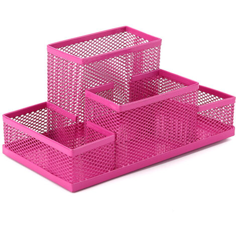 Porte-stylo organisateur de bureau en métal multifonctionnel avec boîte de rangement de papeterie à tiroir coulissant en maille pour bureau à domicile（rose rouge）