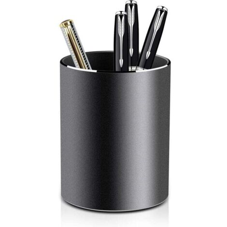 Porte-stylo rond en métal, porte-stylo en aluminium, convient aux bureaux, aux chambres et aux écoles - 8 x 10 cm - design noir élégant.