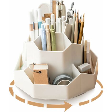 FORTUNEVILLE Porte-stylo rotatif, organiseur de bureau à 9 emplacements, grande capacité de rotation à 360°, adapté aux stylos, crayons de couleur et divers articles de papeterie (version blanc cassé ou rotative)