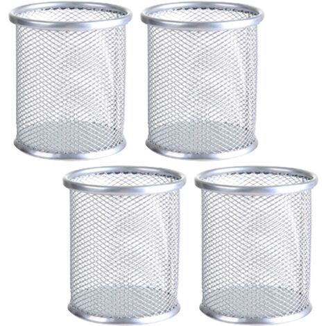 Porte-stylos en maille Porte-stylos en métal Organisateur de stylos de bureau 4 pièces (argent rond)
