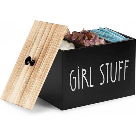 Porte-tampons en bois pour salle de bain - Boîte de rangement à 3 compartiments avec couvercle - Boîte de rangement robuste pour articles d'hygiène, produits pour femme (noir)