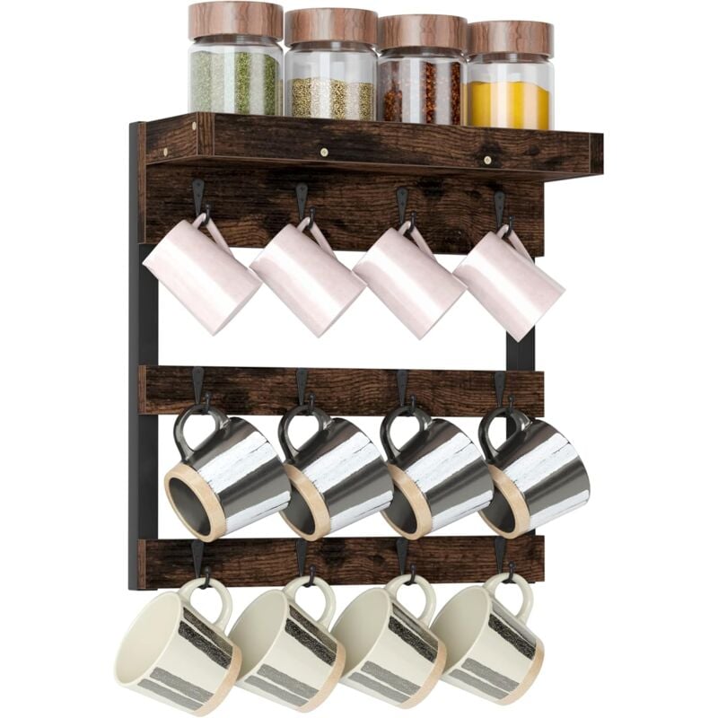 Unho - Porte Tasse en Bois Mural - Support Tasse à Café Suspendu avec Étagère Porte-Tasses à Café à 12 Crochets Rangement Rustique - 44x23x10cm