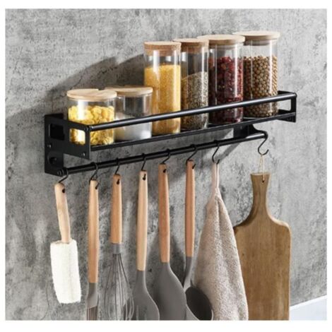 Porte Ustensiles Cuisine avec 6 Crochets, Adhésif/Perçage 2 Façons D'installer Support Rangement Ustensiles Cuisine,