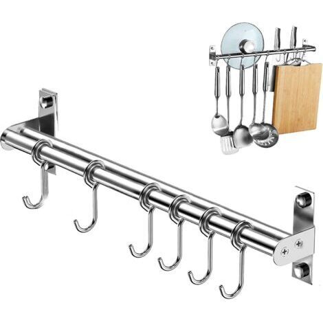 Porte Ustensiles Cuisine, Barre Murale de Cuisine Ustensiles avec 6 Crochets Coulissants, Support Suspendre des Ustensiles en Acier Inoxydable pour Salle de Bain/Garage/Chambre, 40cm