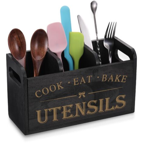 Porte Ustensiles Cuisine en Bois, Organisateur d'ustensiles de Cuisine avec 3 Compartiments et Fond de Drainage, Organiseur de Couverts de Ferme, Noir